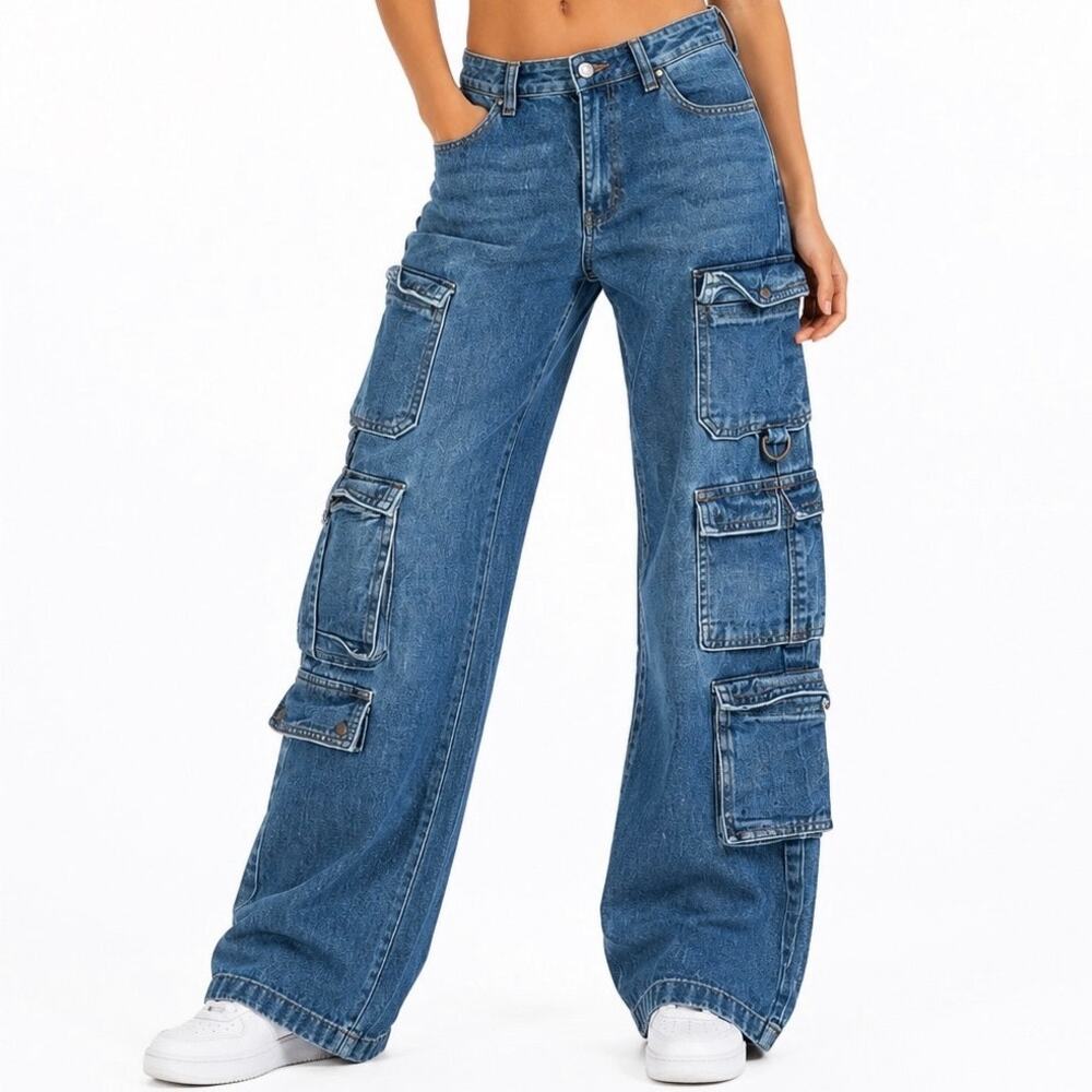 Ardene Y2K Cargo Jeans Wide Leg Denim Utility Pants Blue Carpenter Jeans D Ring